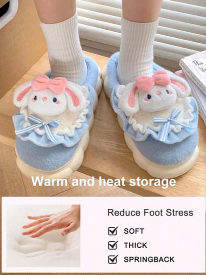Women'S Thick Sole Plush Slippers for Home Use, Cute Cartoon Rabbit Design, Warm Non-Slip Winter Footwear, Cozy House Slippers