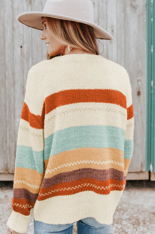 Women Drop-Shoulder Striped Color Block Sweater