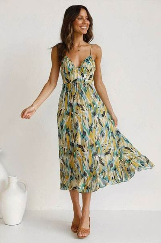 Women'S Floral Print A-Line Printed Ruffle Halter