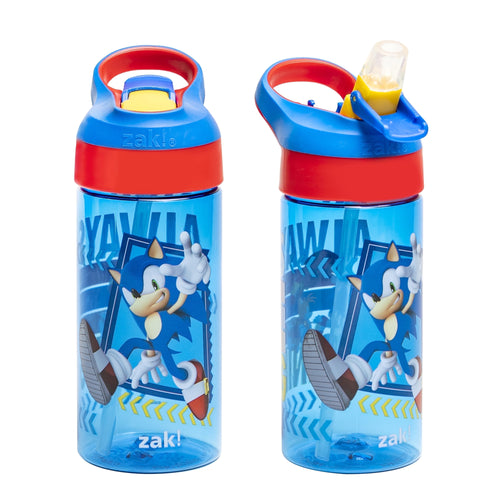 17.5Oz Sonic the Hedgehog Kids Water Bottle with Spout Cover and Built-In Carrying Loop, Made of Durable Plastic, Leak-Proof Design for Travel (17.5 Oz, Pack of 2)