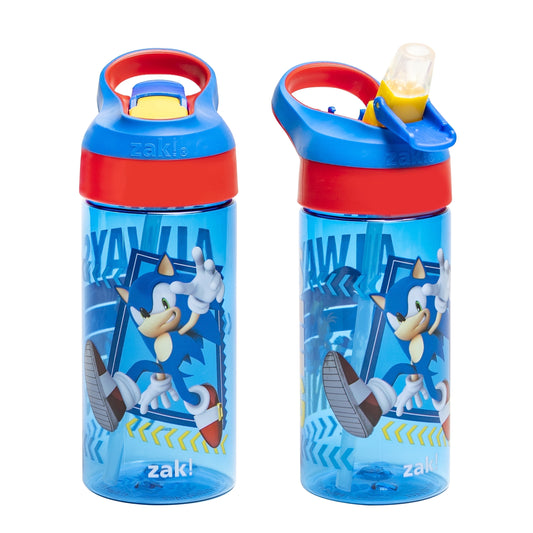 17.5Oz Sonic the Hedgehog Kids Water Bottle with Spout Cover and Built-In Carrying Loop, Made of Durable Plastic, Leak-Proof Design for Travel (17.5 Oz, Pack of 2)