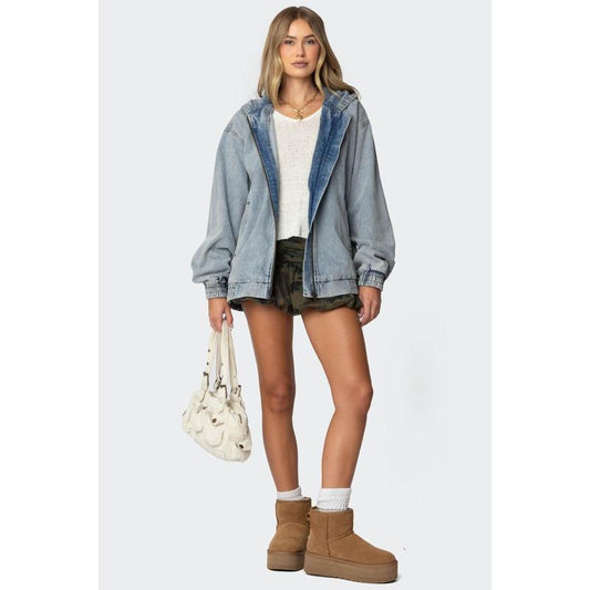 Hooded Vintage Washed Denim Bomber Jacket