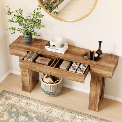 IRONCK 63" Long Console Table with 2 Drawers, Wooden Sofa Table behind Couch, Farmhouse Entryway Table for Entrance, Living Room, Hallway
