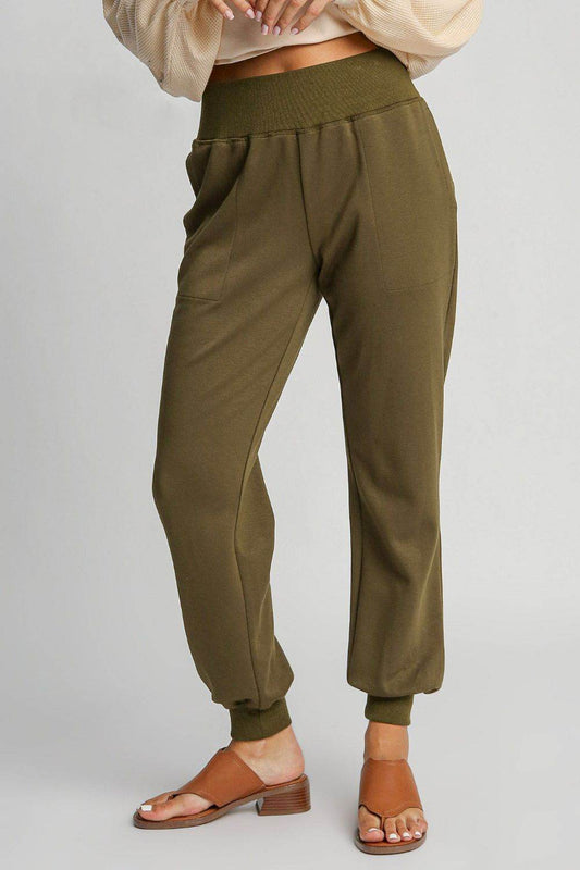 Umgee Full Size High Rise Elastic Waist Knit Joggers with Pockets plus Size