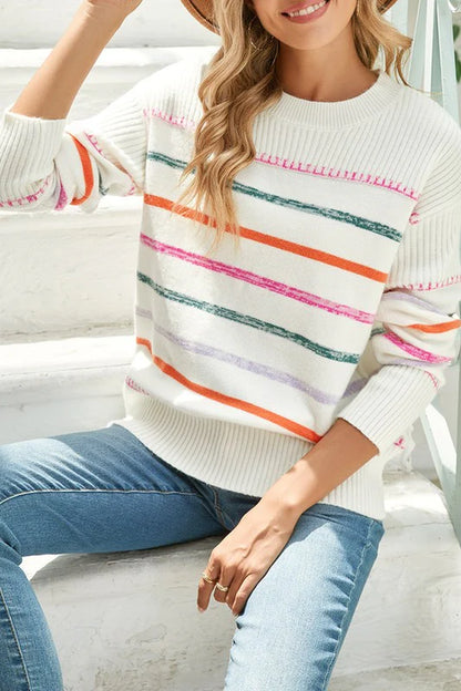 Colorful Striped Ribbed Trim round Neck Sweater