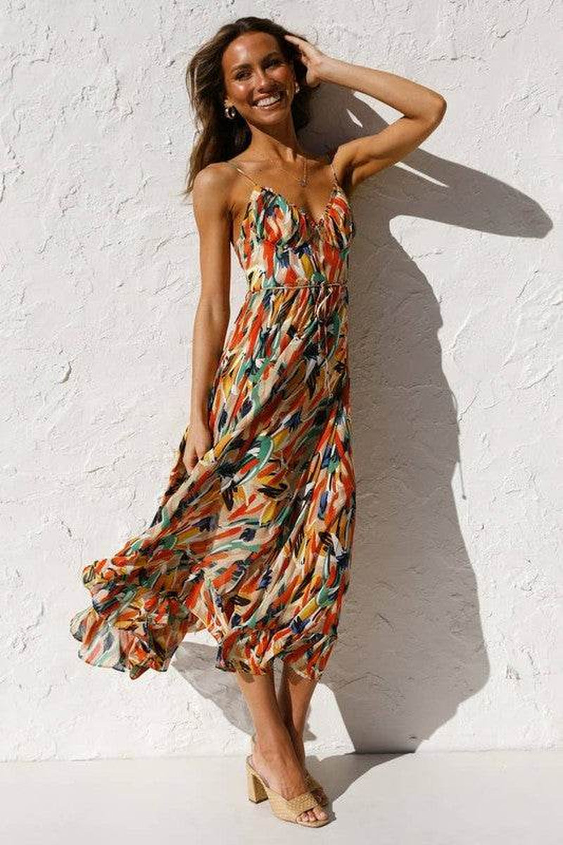 Women'S Floral Print A-Line Printed Ruffle Halter