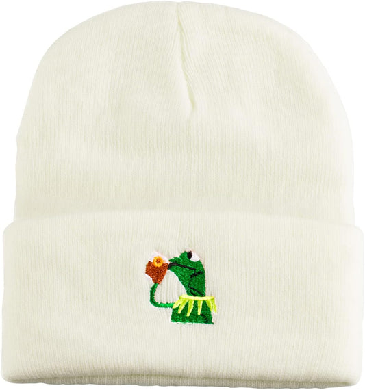 Winter Kermit the Frog Sipping Tea Beanie Warm Soft Oversized Thick Cable Knitted Hat Unisex Cuffed Skull Knit Caps…
