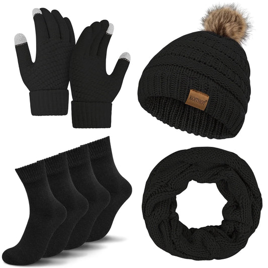 5 Pcs Women Winter Beanie Hat Gloves Scarf Set, Warm Thick Soft Knitted Touch Screen Black