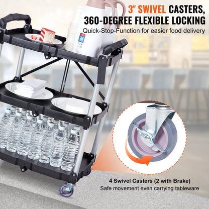 VEVOR Foldable Utility Service Cart, 3 Shelf 165LBS Heavy Duty Plastic Rolling Cart with Lockable Wheels, Ergonomic Handle, Portable Garage Tool Cart for Warehouse/Office/Home(25.62X15.43X32.76)