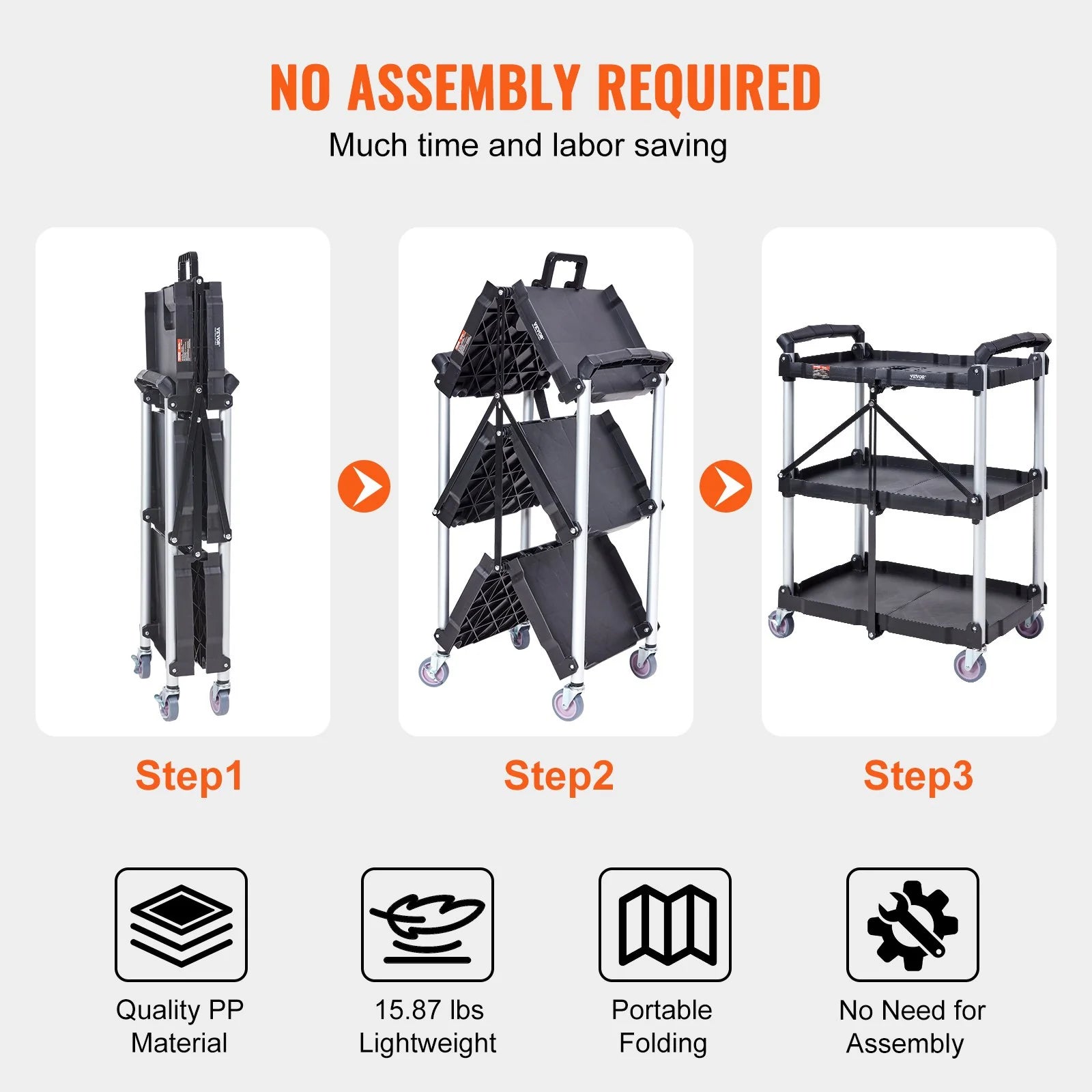 VEVOR Foldable Utility Service Cart, 3 Shelf 165LBS Heavy Duty Plastic Rolling Cart with Lockable Wheels, Ergonomic Handle, Portable Garage Tool Cart for Warehouse/Office/Home(25.62X15.43X32.76)