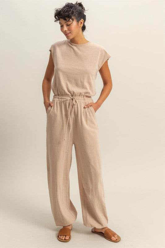 HYFVE Back Keyhole round Neck Cap Sleeve Drawstring Jumpsuit