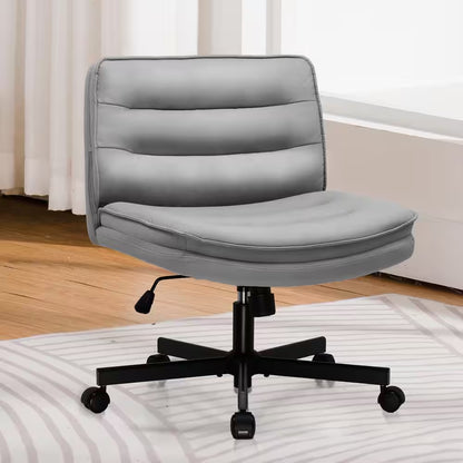 Criss Cross Chair with Wheels PU Leather Armless Cross Legged Office Desk Chair Height Adjustable Vanity Chair, Gray
