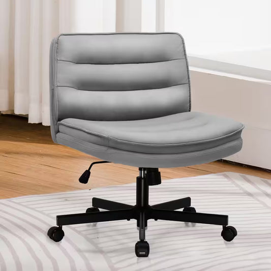Criss Cross Chair with Wheels PU Leather Armless Cross Legged Office Desk Chair Height Adjustable Vanity Chair, Gray
