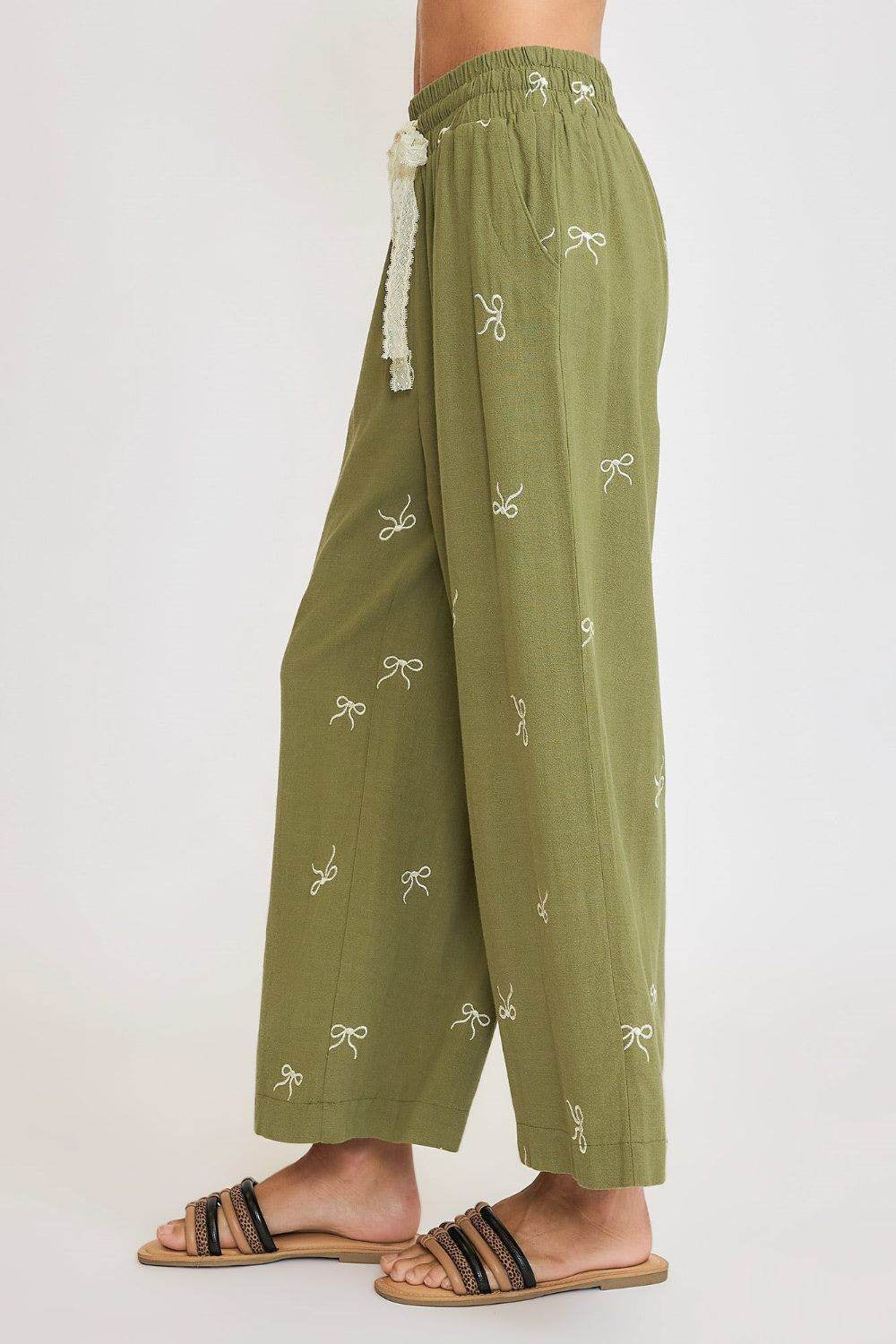 Umgee Full Size Lace Drawstring Embroidered Bow Wide Leg Pants plus Size