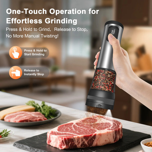Electric Salt and Pepper Grinder Set – Automatic Rechargeable Pepper Mill with LED Battery Display & USB‑C Charging Base, 5‑Level Adjustable Stainless Steel Spice Mill for Kitchen, Dining & Camping
