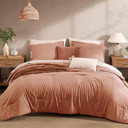 Melex Home 7-Pieces Comforter Set, Modern Farmhouse Coastal Style Bedding, 1 Single-Stitch Comforter, 2 Pillowcases, 2 Shams, 1 Flat & 1 Fitted Sheet