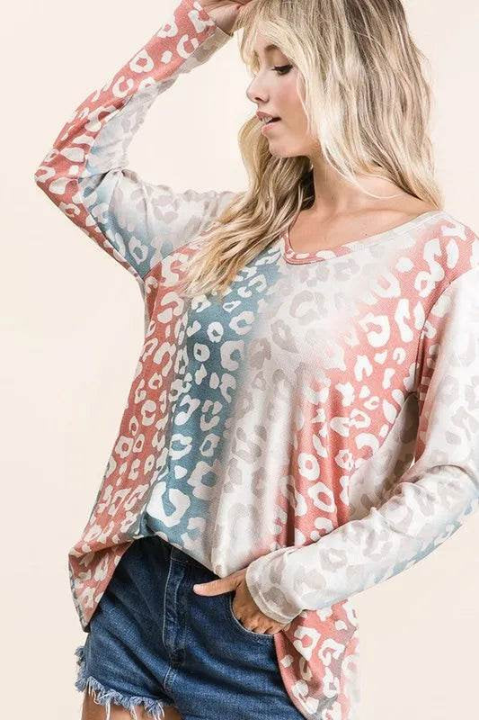 Bibi Gradation Leopard Print Textured Knit Top