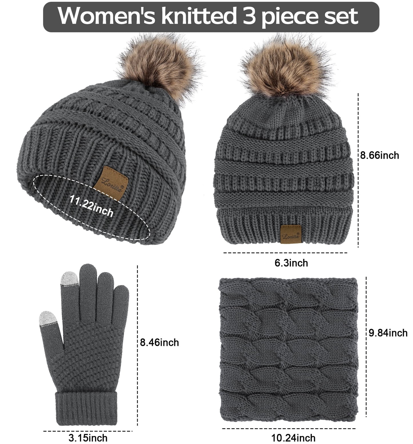 3 Pcs Women Winter Hat and Gloves Sets, Beanies Knit Classic Neck Warmer and Touchscreen Gloves Gray