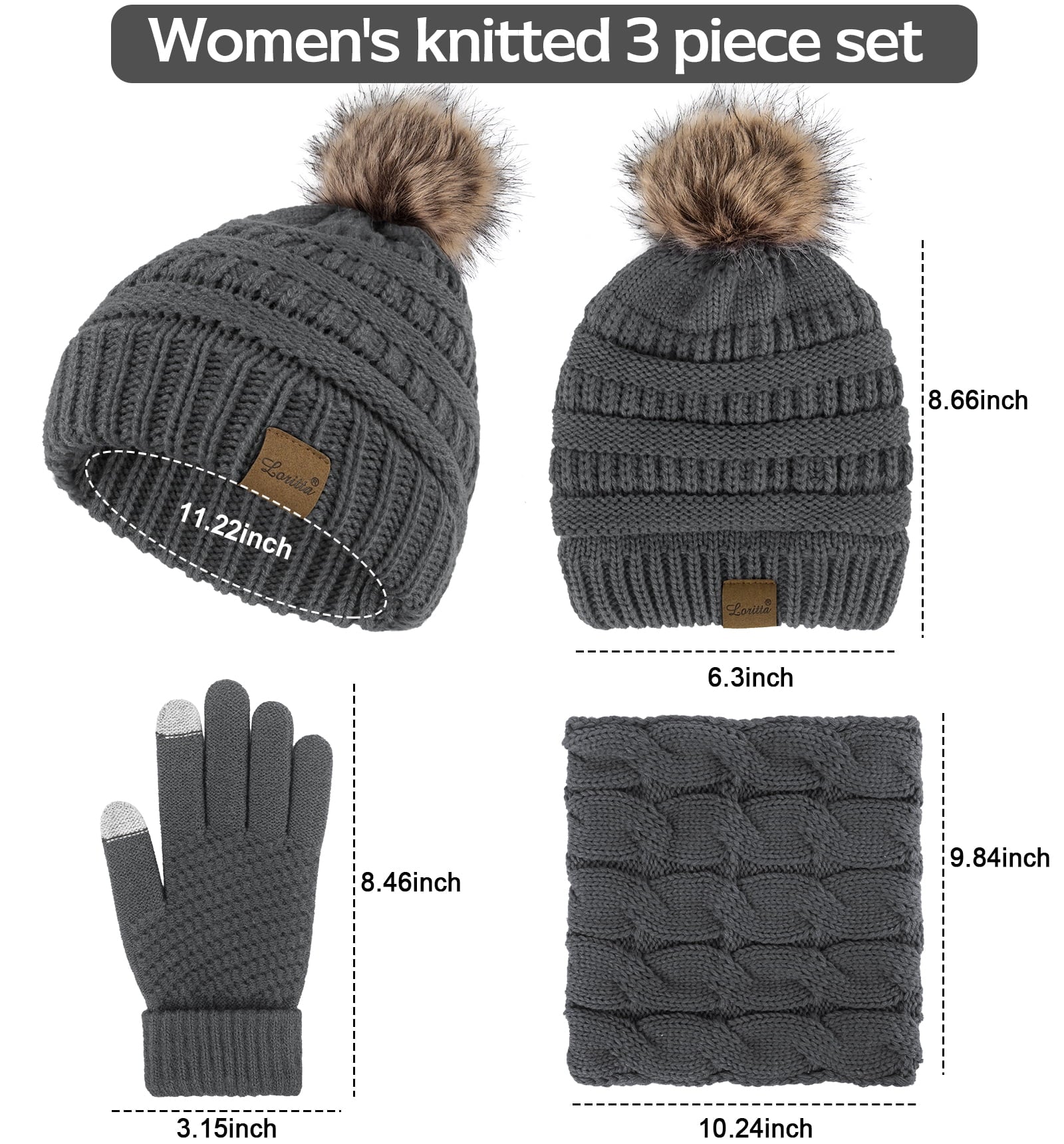 3 Pcs Women Winter Hat and Gloves Sets, Beanies Knit Classic Neck Warmer and Touchscreen Gloves Gray