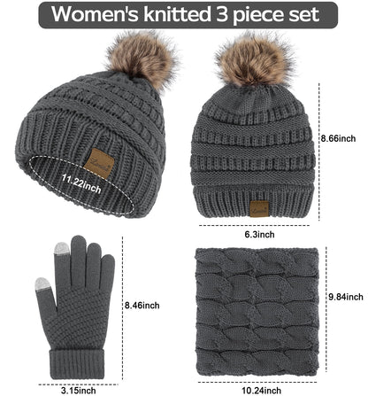 3 Pcs Women Winter Hat and Gloves Sets, Beanies Knit Classic Neck Warmer and Touchscreen Gloves Gray