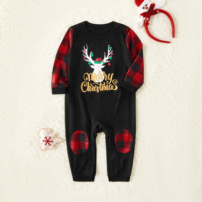 Merry Christmas Pajamas Letter Antler Print Plaid Splice Family Matching Pajamas Sets for Men, Red Plaid, L