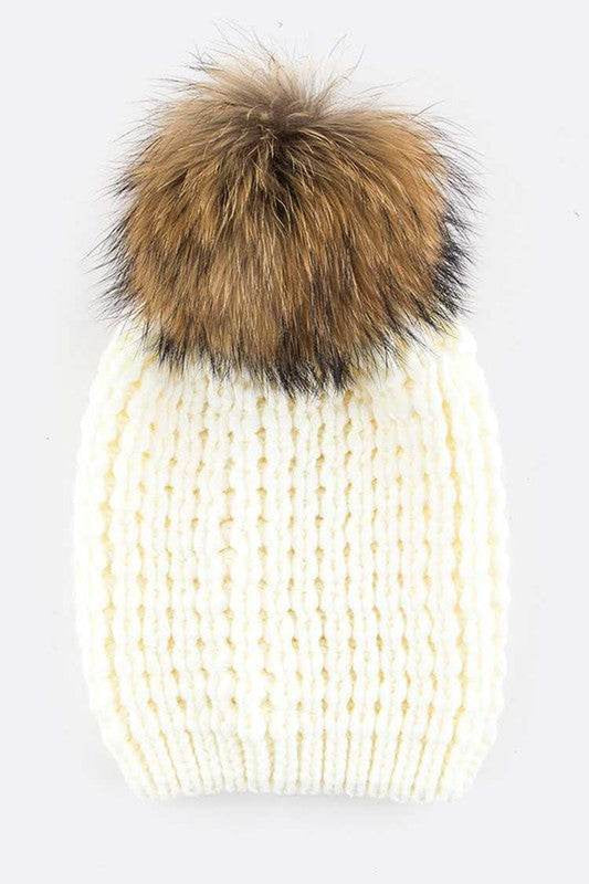 Raccoon Fur Pompom Beanie