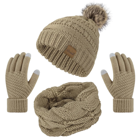 3 Pcs Women Winter Hat and Gloves Sets, Knit Classic Long Scarf Warmer Accessories Khaki