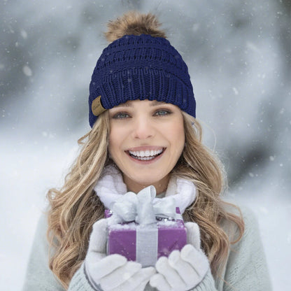 3 Pcs Women Winter Hat and Gloves Sets, Beanies Knit Classic Neck Warmer and Touchscreen Gloves Blue