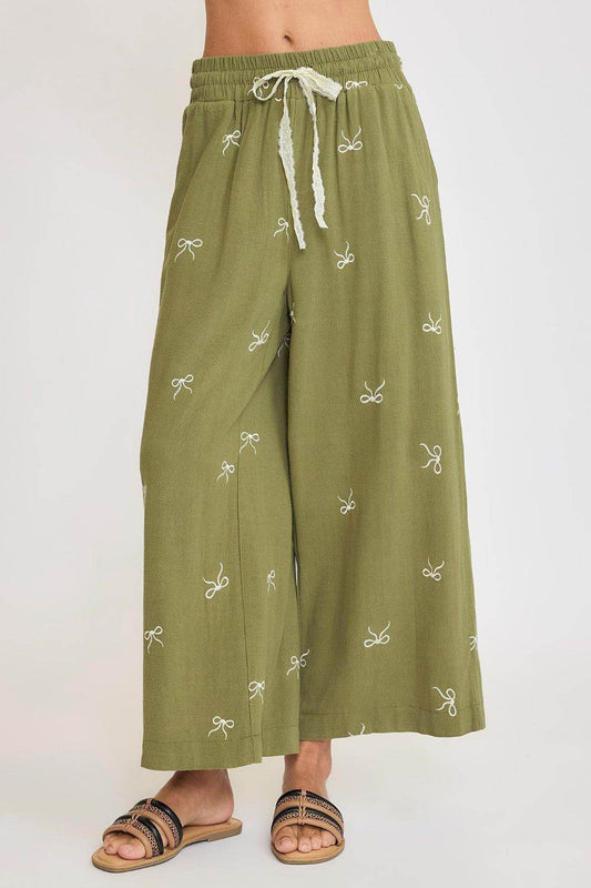 Umgee Full Size Lace Drawstring Embroidered Bow Wide Leg Pants plus Size