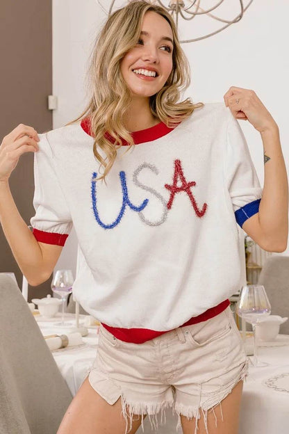Bibi USA Metallic Letter Color Block Knit Top