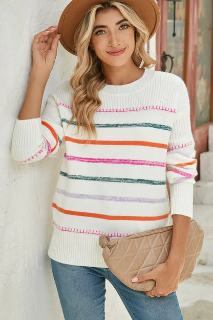 Colorful Striped Ribbed Trim round Neck Sweater