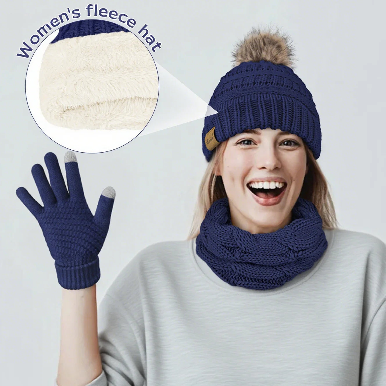 3 Pcs Women Winter Hat and Gloves Sets, Beanies Knit Classic Neck Warmer and Touchscreen Gloves Blue
