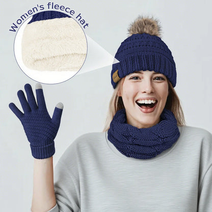 3 Pcs Women Winter Hat and Gloves Sets, Beanies Knit Classic Neck Warmer and Touchscreen Gloves Blue