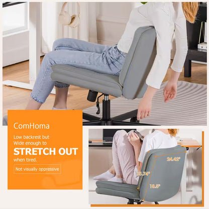 Criss Cross Chair with Wheels PU Leather Armless Cross Legged Office Desk Chair Height Adjustable Vanity Chair, Gray