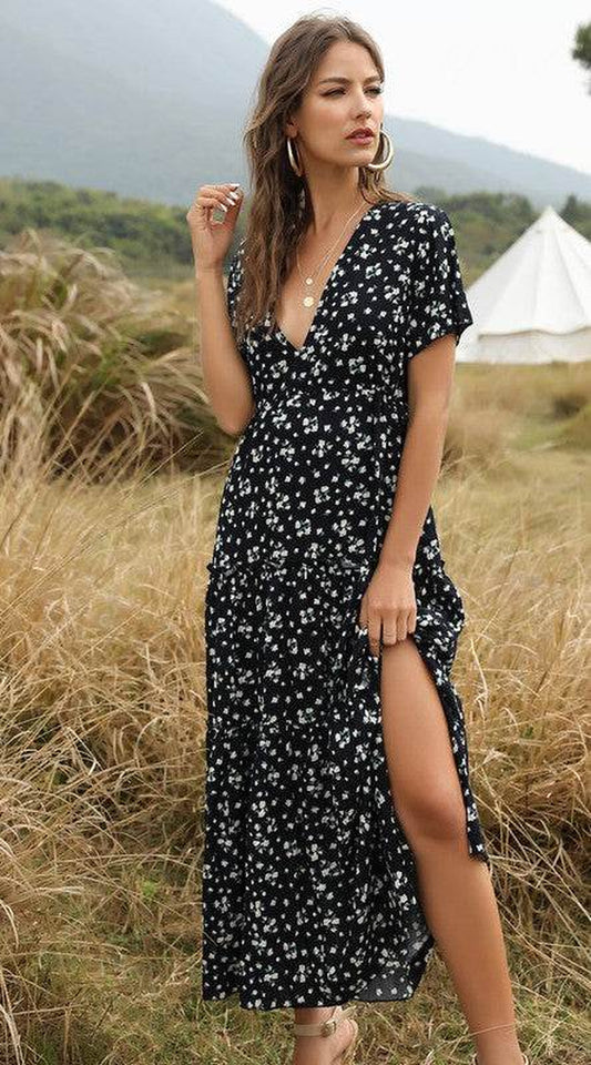 V Neck Floral Tiered Midi Dress