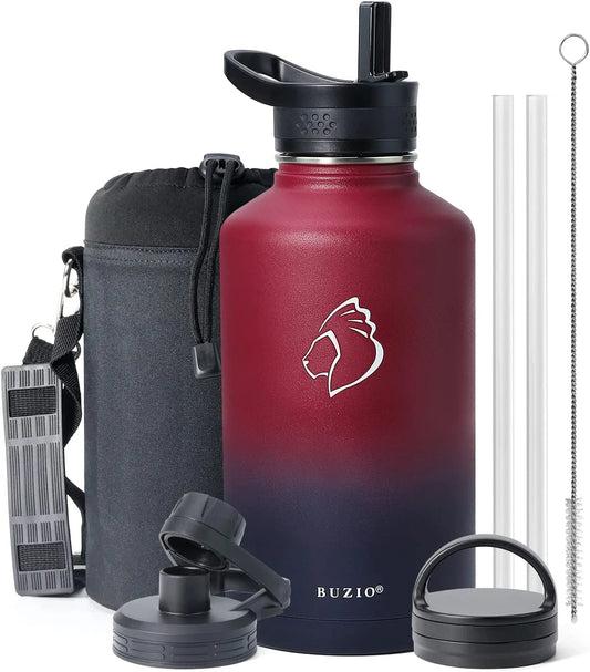 64 Oz Insulated Water Bottle with Straw & 3 Lids, Half Gallon Water Bottle Stainless Steel with Carrying Strap for Gym Sports Outdoor Hiking, Ombre Wine/Navy