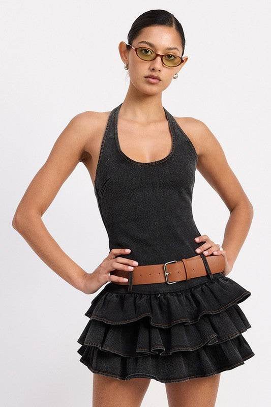 MINI BELTED RUFFLED DENIM DRESS with HALTER NECK